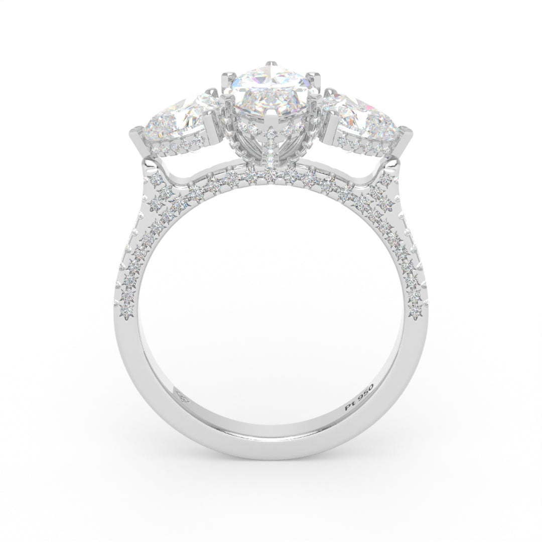 Victoria Marquise Cut Diamond Engagement Ring with Heart Cut Side Diamonds and 3D Diamond Band
