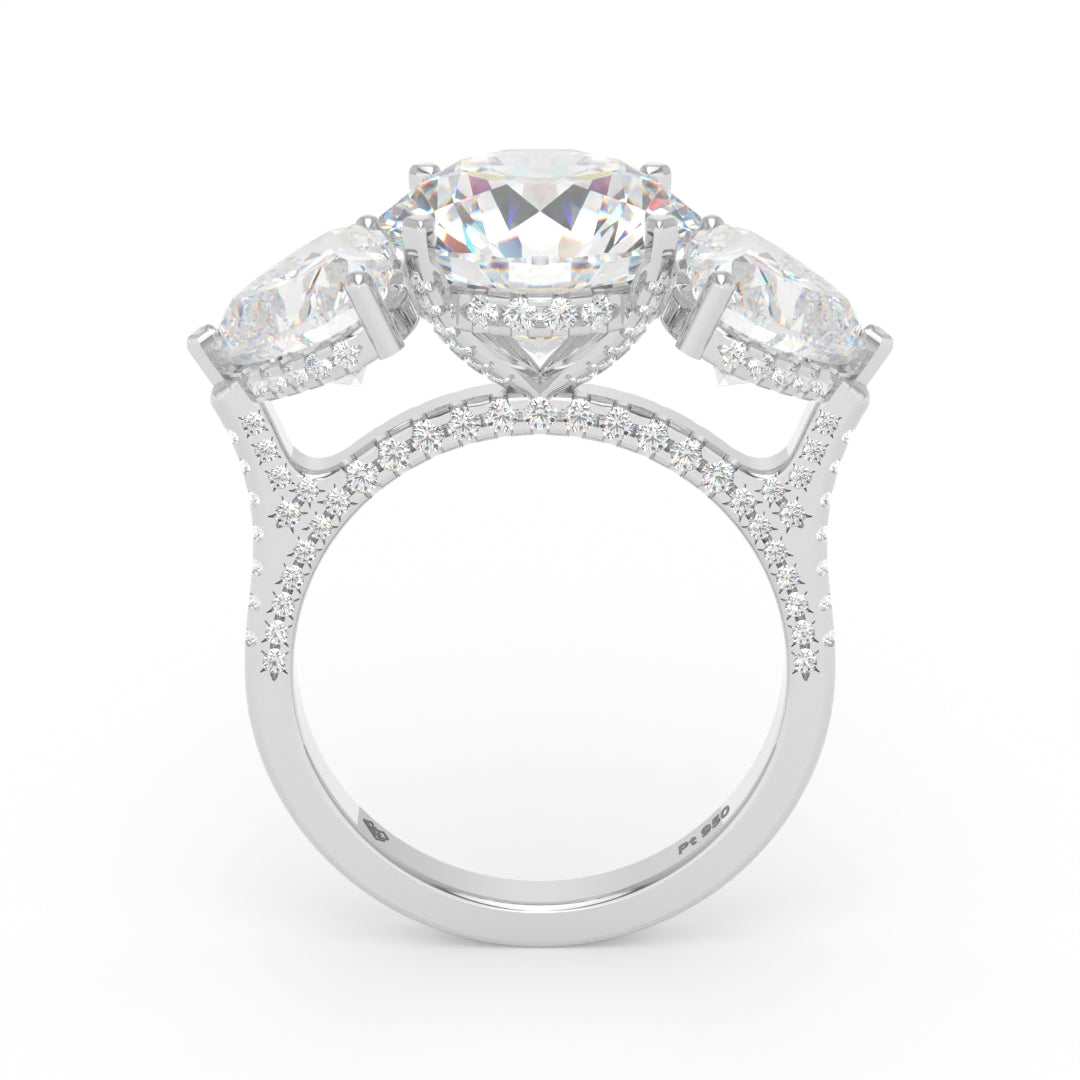 Victoria Round Brilliant Cut Diamond Engagement Ring with Heart Cut Side Diamonds and 3D Diamond Band