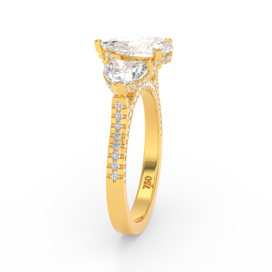 Victoria Pear Cut Diamond Engagement Ring with Heart Cut Side Diamonds and 3D Diamond Band