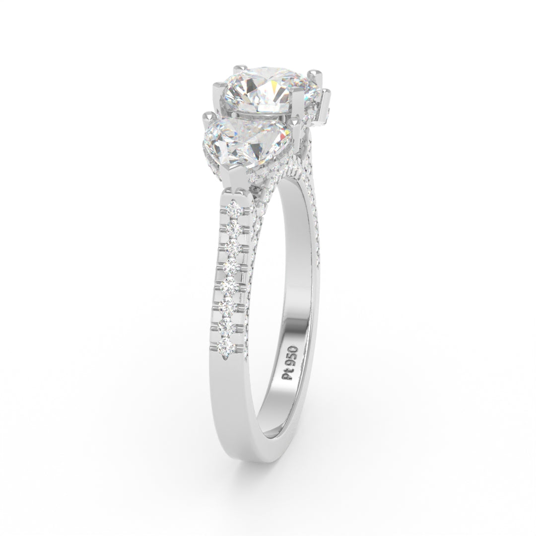 Victoria Round Brilliant Cut Diamond Engagement Ring with Heart Cut Side Diamonds and 3D Diamond Band