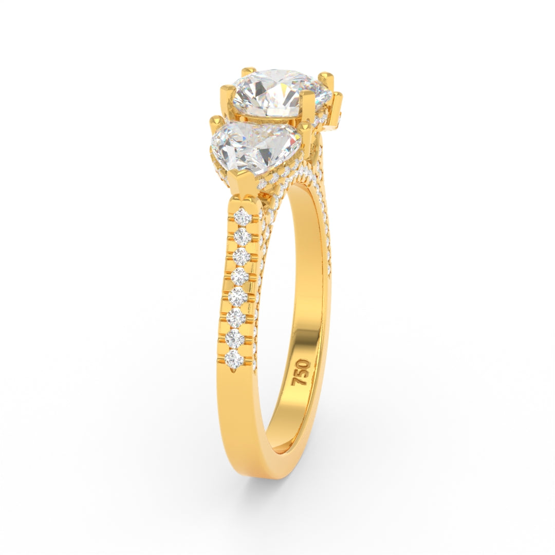 Victoria Round Brilliant Cut Diamond Engagement Ring with Heart Cut Side Diamonds and 3D Diamond Band