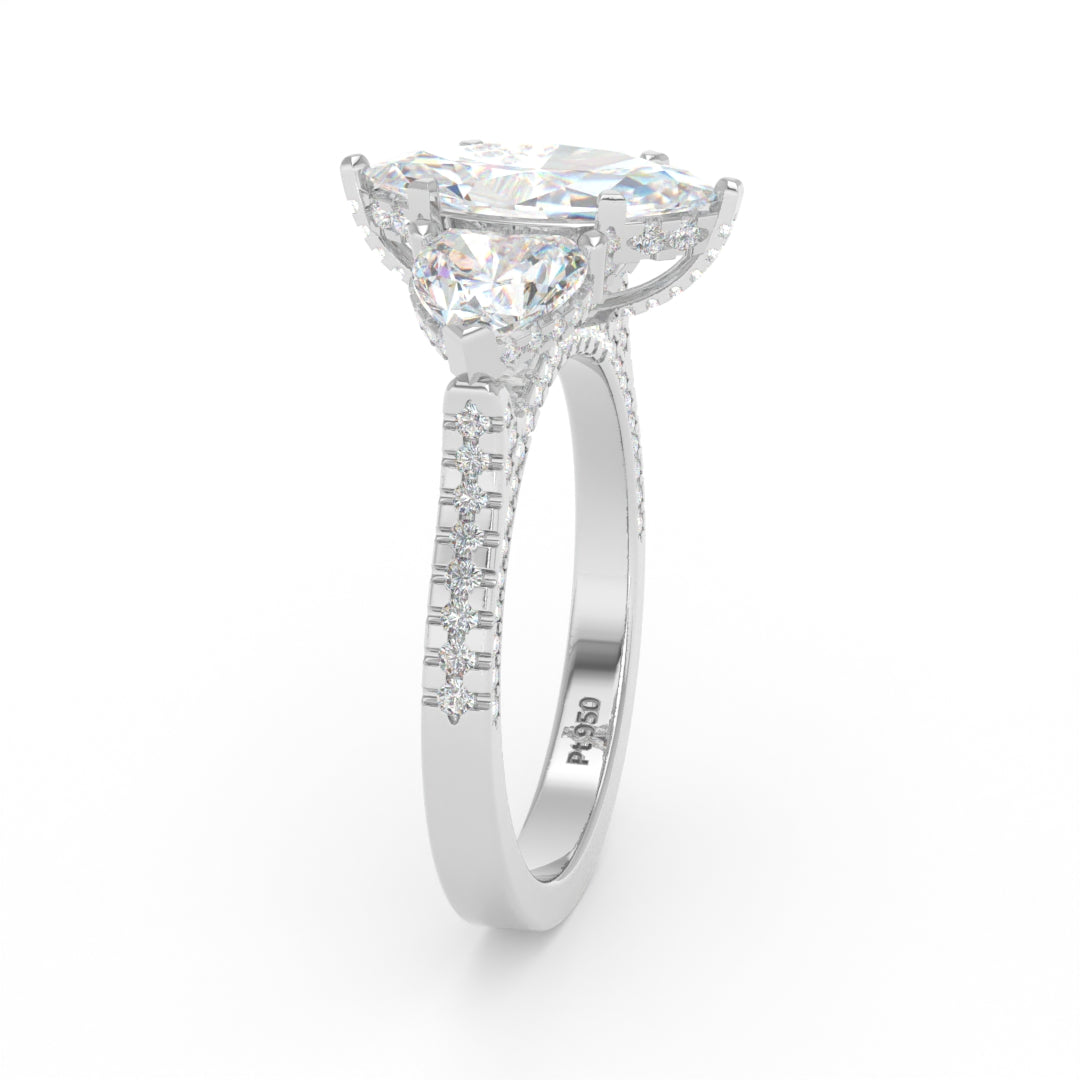 Victoria Marquise Cut Diamond Engagement Ring with Heart Cut Side Diamonds and 3D Diamond Band