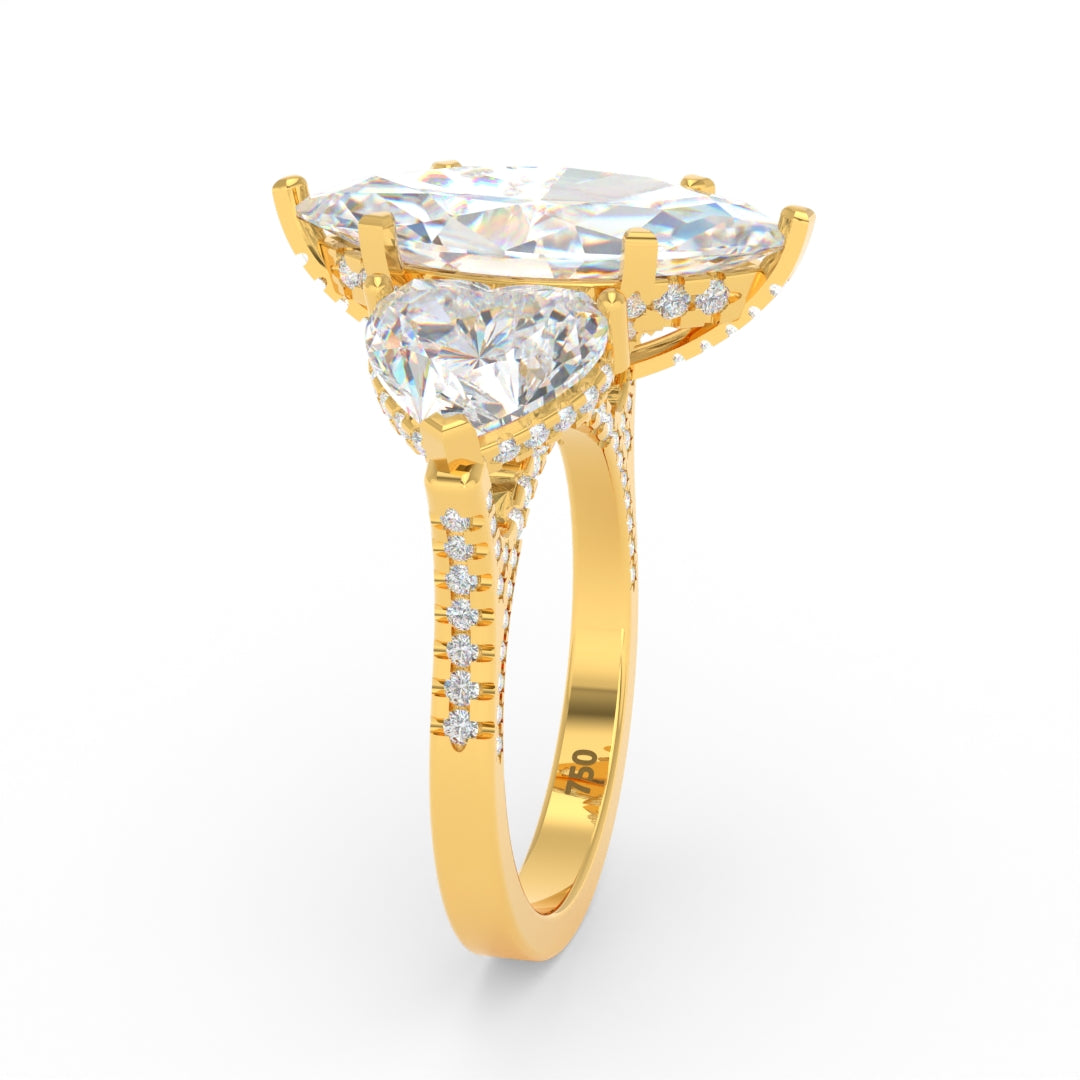 Victoria Marquise Cut Diamond Engagement Ring with Heart Cut Side Diamonds and 3D Diamond Band