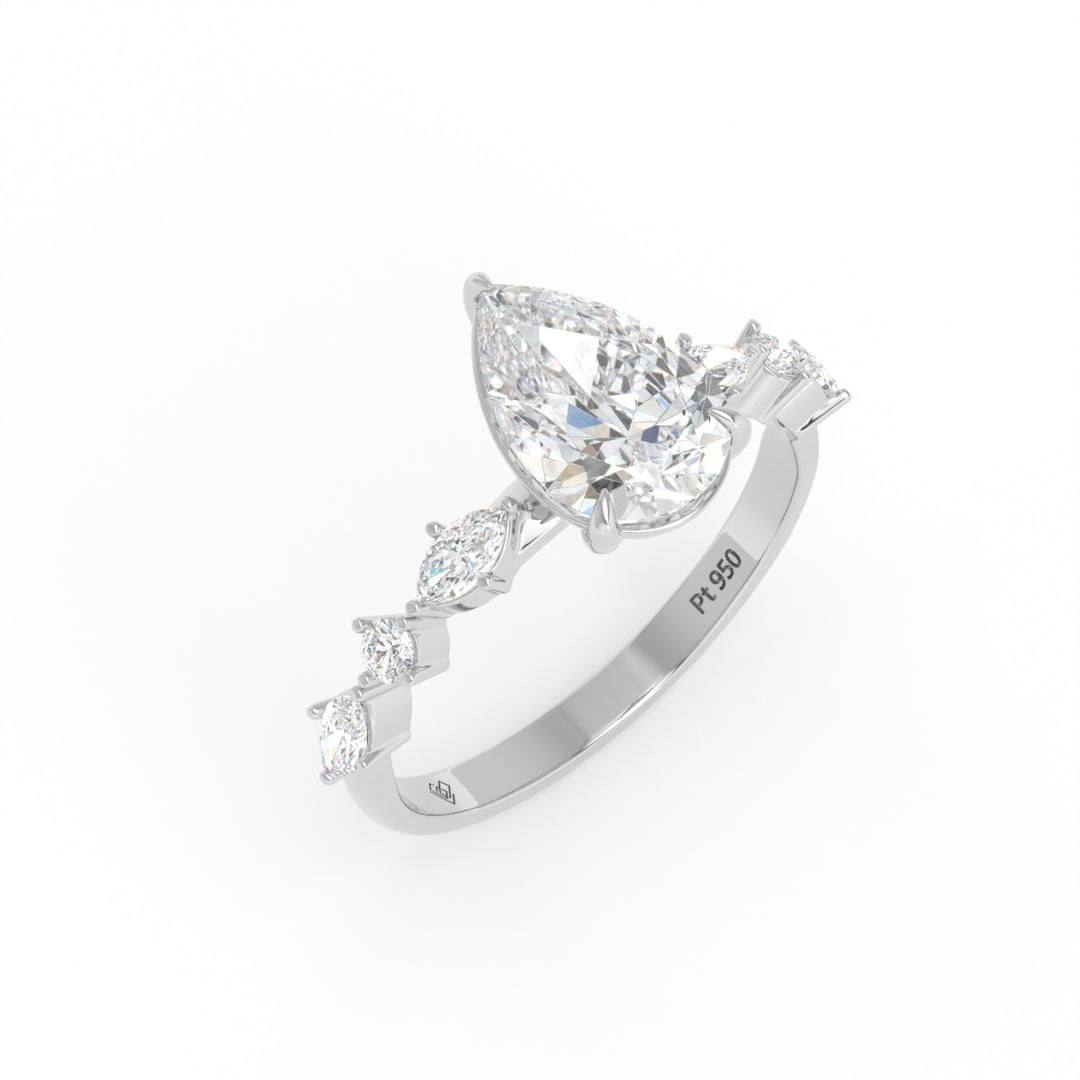 Elizabeth Pear Cut Diamond Engagement Ring With A Marquise And Round Cut Diamond Band
