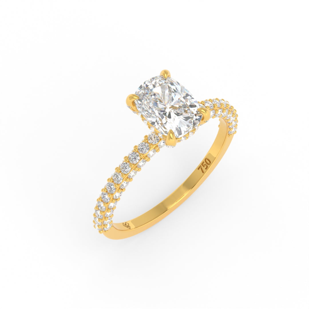 Mia Cushion Cut Diamond Engagement Ring with Diamond Hidden Halo and 3D Diamond Band