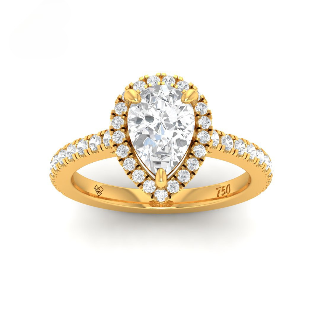 Bella Pear Cut Diamond engagement ring with pear-shaped center diamond, diamond halo, and diamond band in 18k gold
