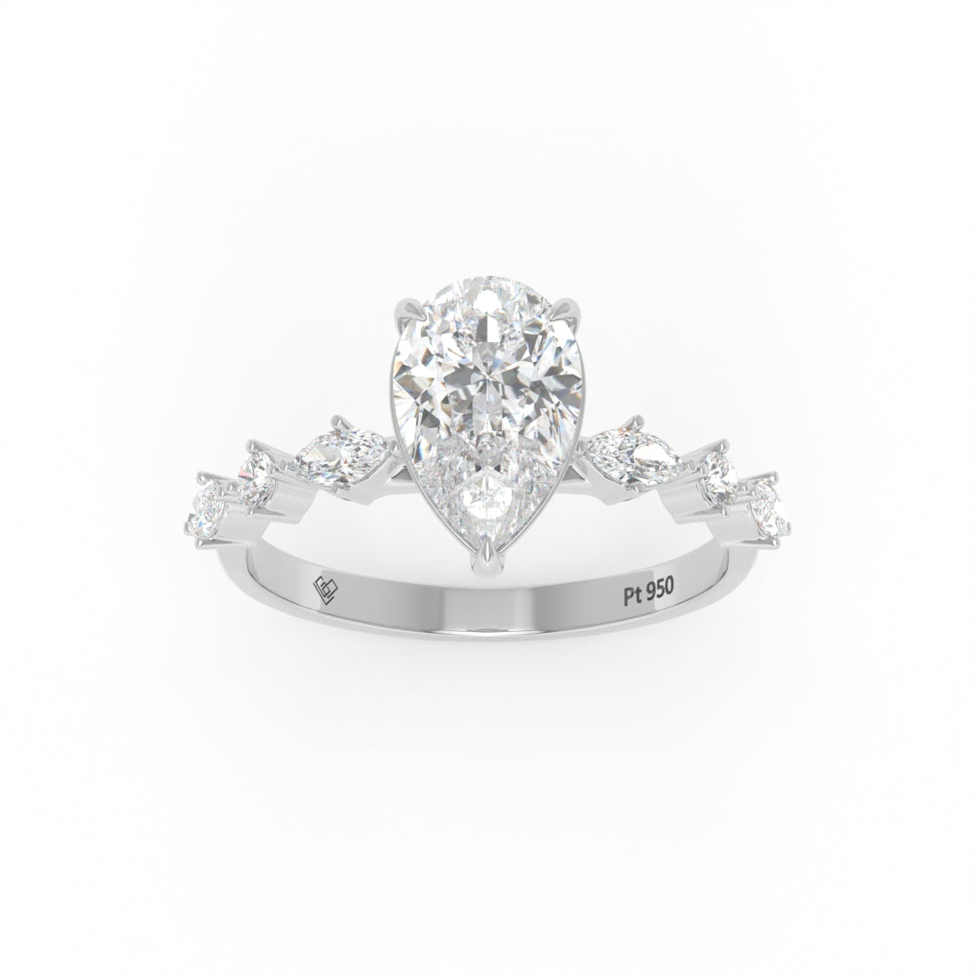 Elizabeth Pear Cut Diamond Engagement Ring With A Marquise And Round Cut Diamond Band