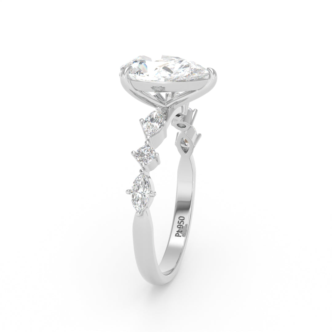 Elizabeth Pear Cut Diamond Engagement Ring With A Marquise And Round Cut Diamond Band