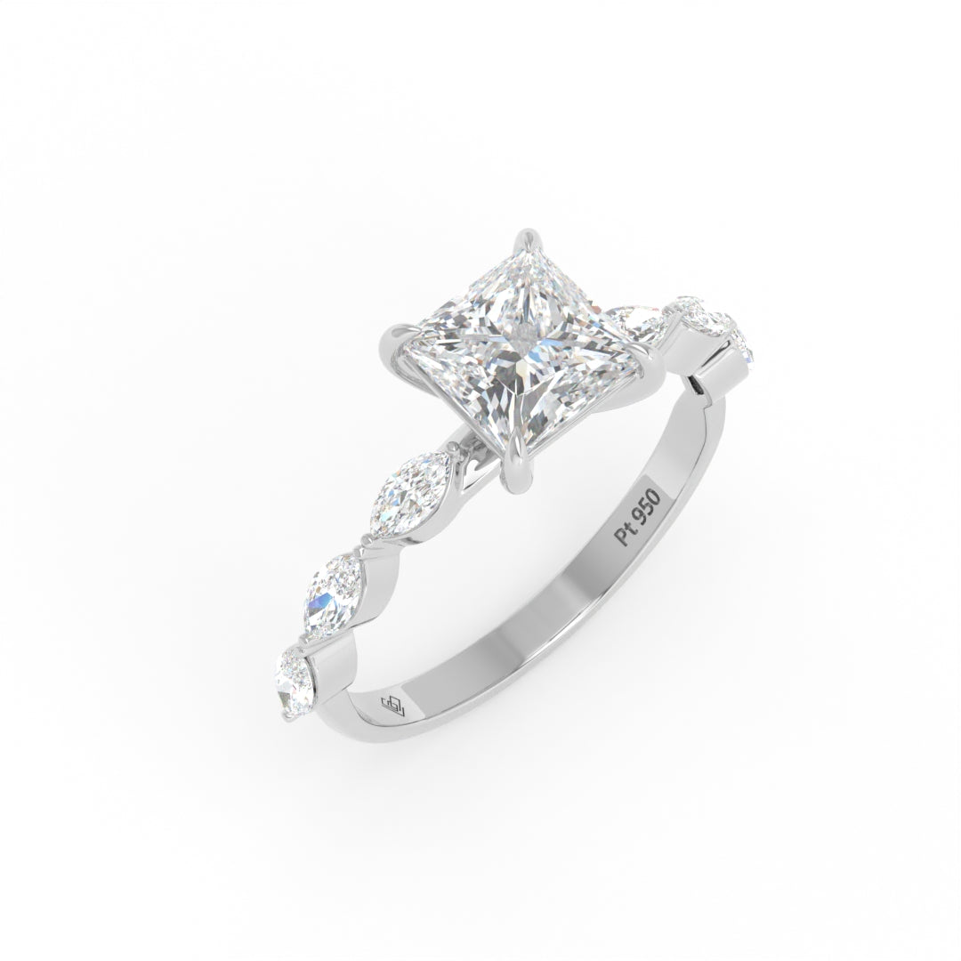 Kasandra Princess Cut Diamond Engagement Ring With A Marquise Cut and Diamond Band