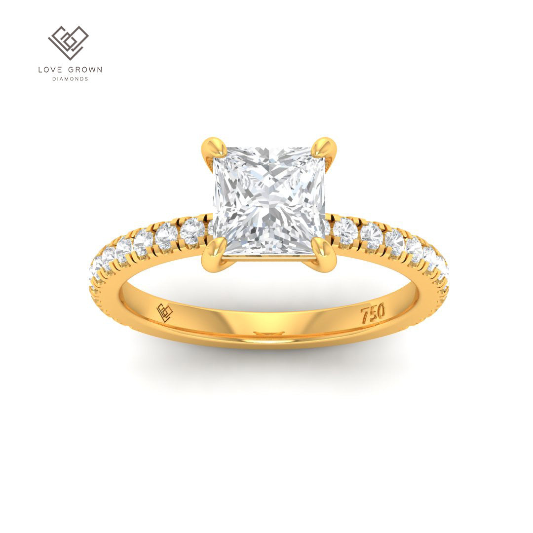 Princess cut diamond engagement ring with diamond band and platinum mount.