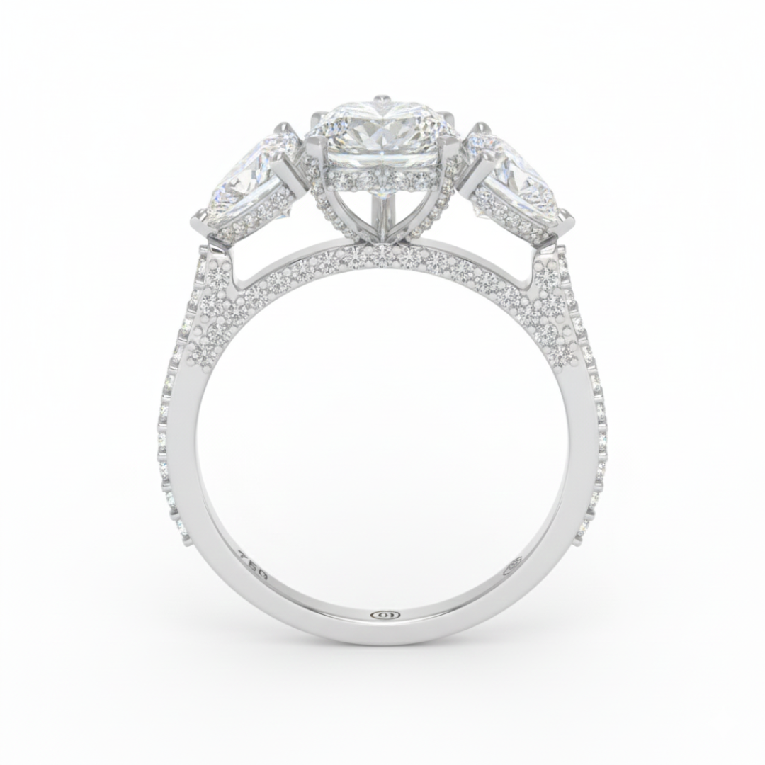 維多利亞心形切割鑽石訂婚戒指，搭配心形切割側鑽和3D鑽石戒圈