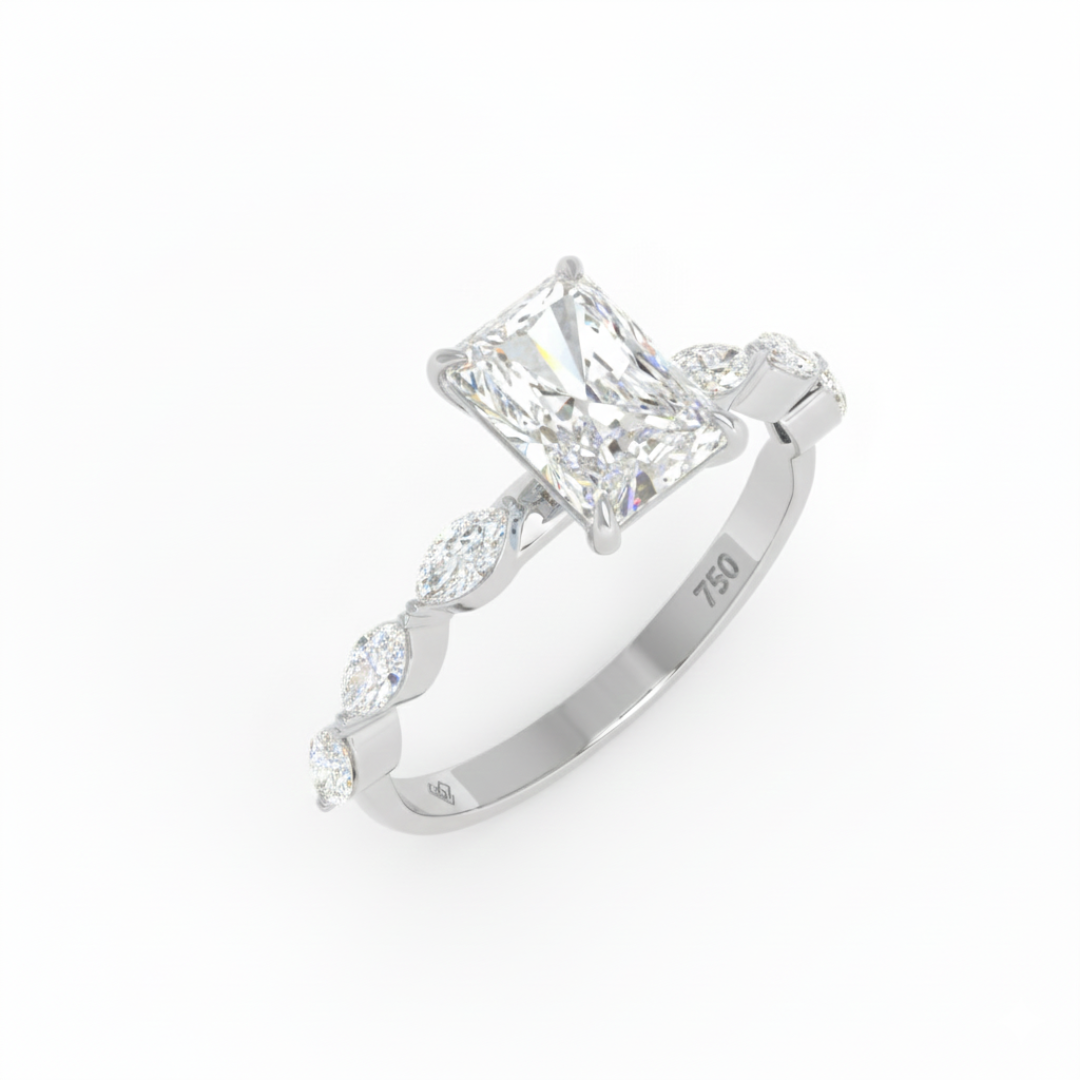 Kasandra Radiant Cut Diamond Engagement Ring With A Marquise Cut Diamond Band