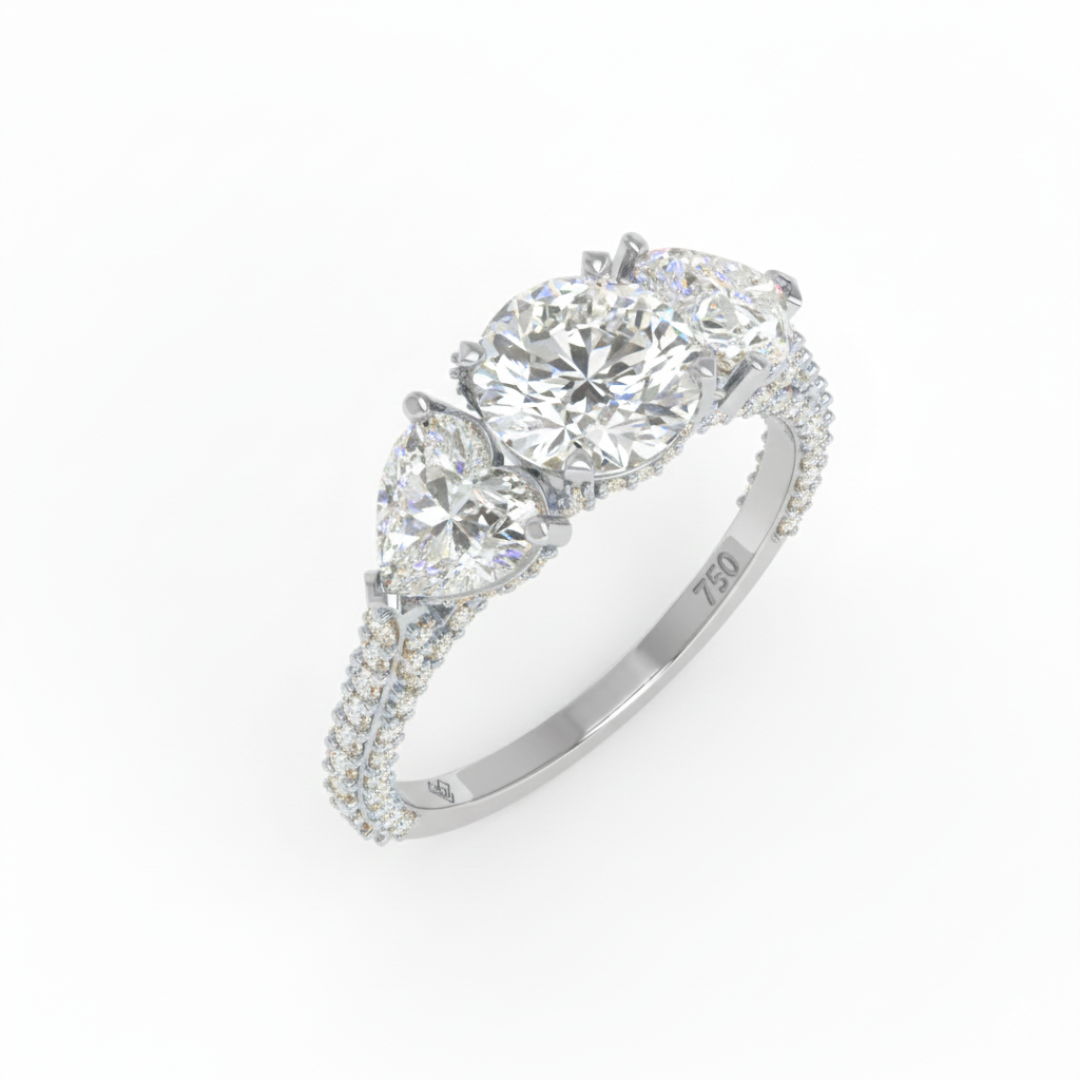 Victoria Round Brilliant Cut Diamond Engagement Ring with Heart Cut Side Diamonds and 3D Diamond Band