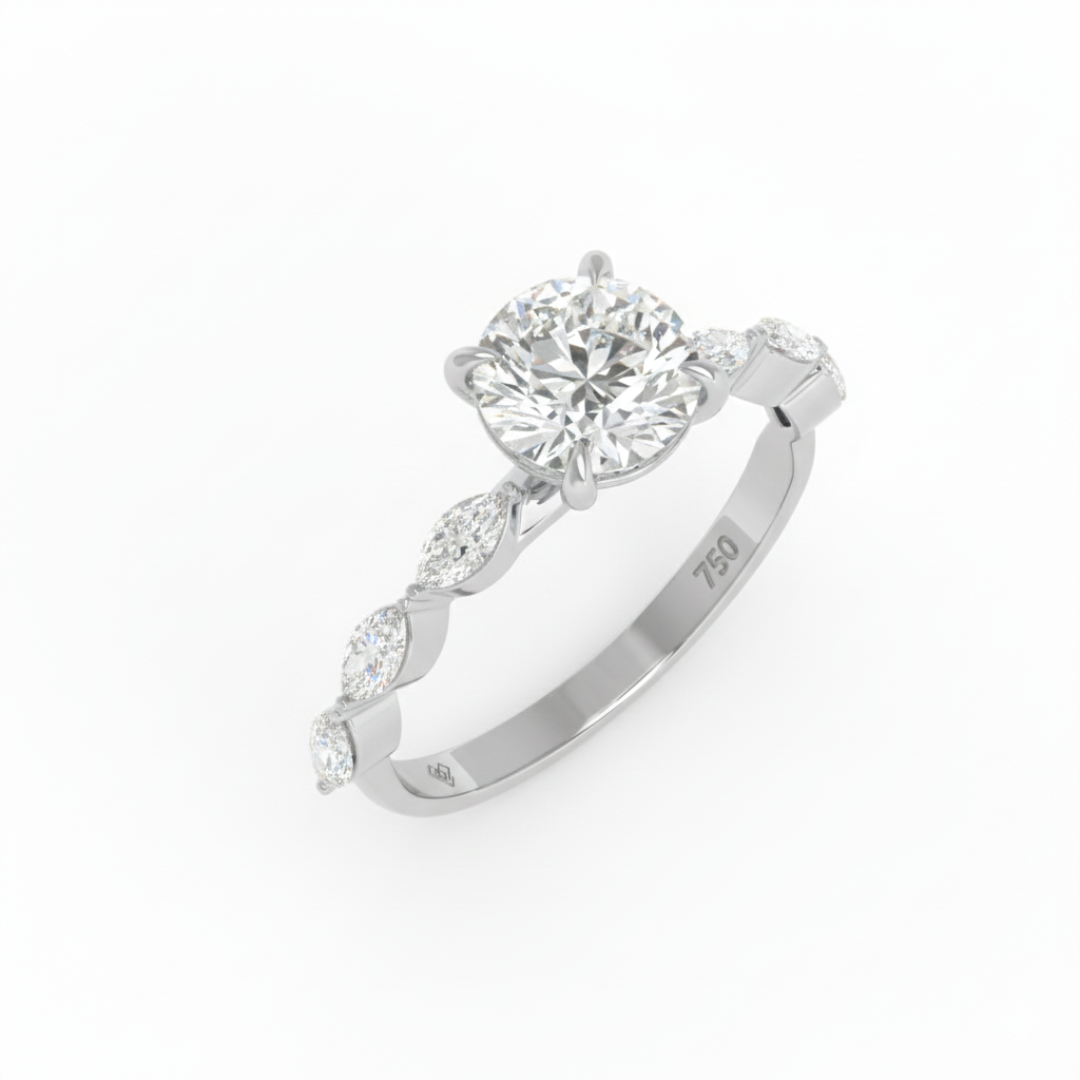 Kasandra Round Brilliant Cut Diamond Engagement Ring With A Marquise Cut Diamond Band