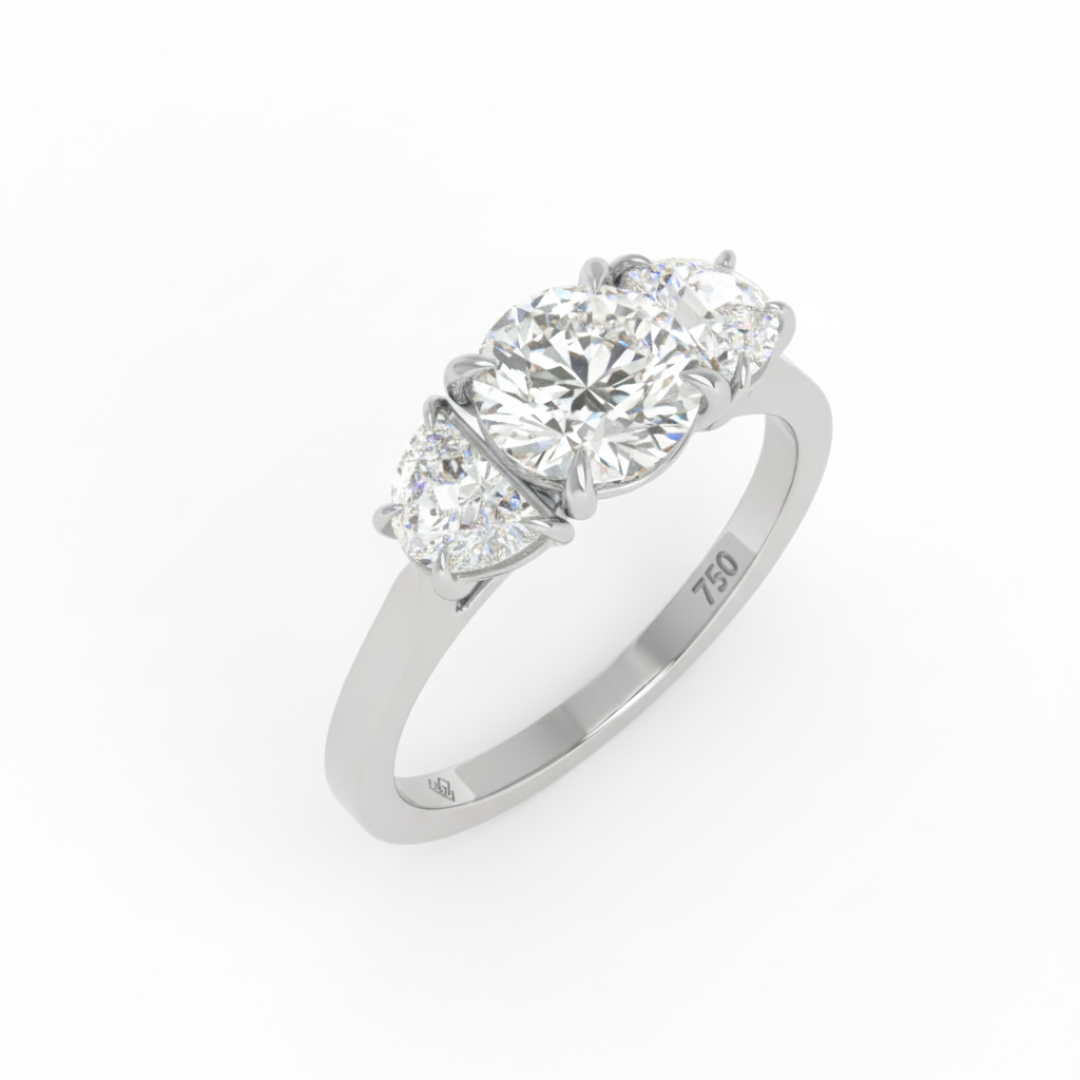 Kamala Round Brilliant Cut Diamond Engagement Ring With Half Moon Cut Side Diamond