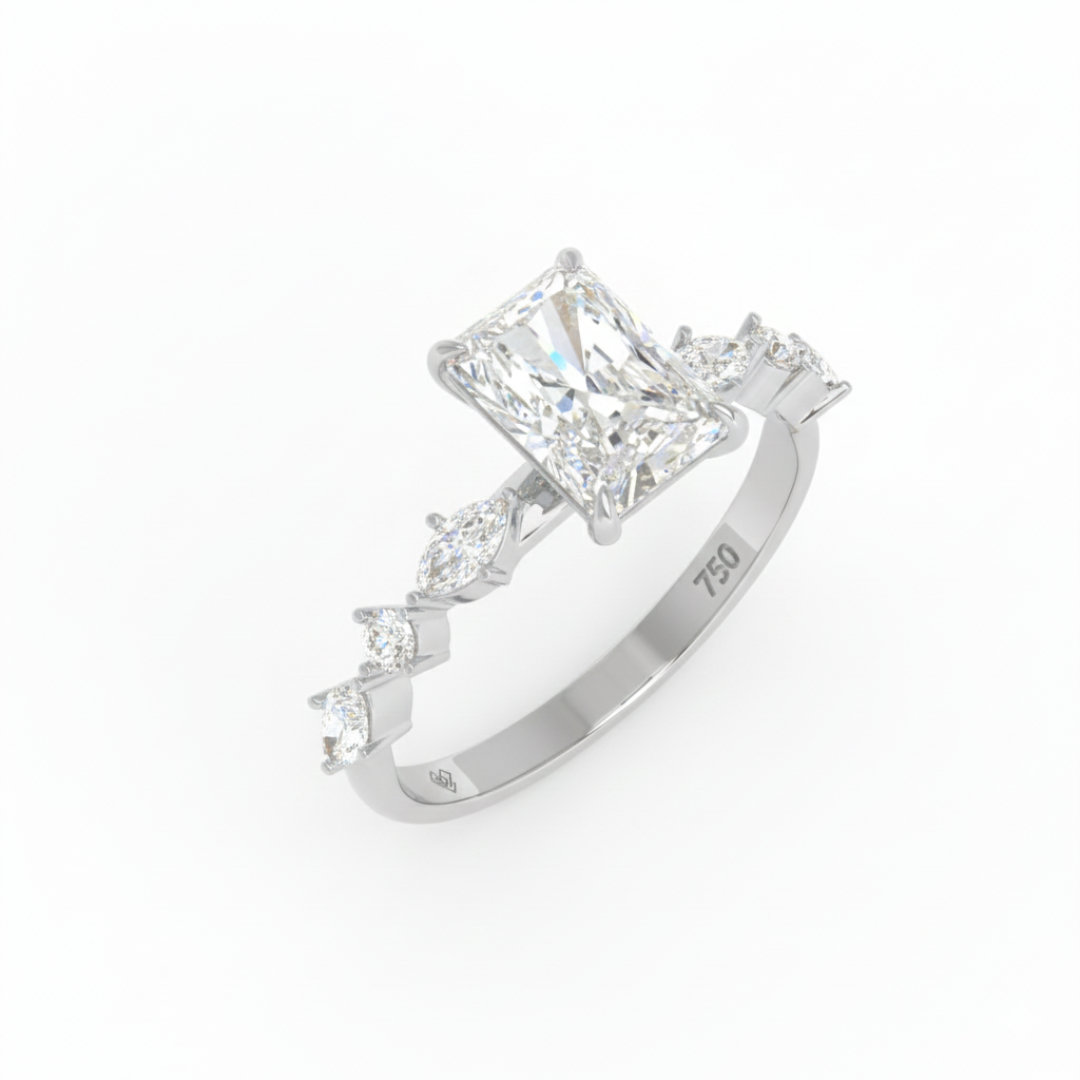 Elizabeth Radiant Cut Diamond Engagement Ring With A Marquise And Round Cut Diamond Band