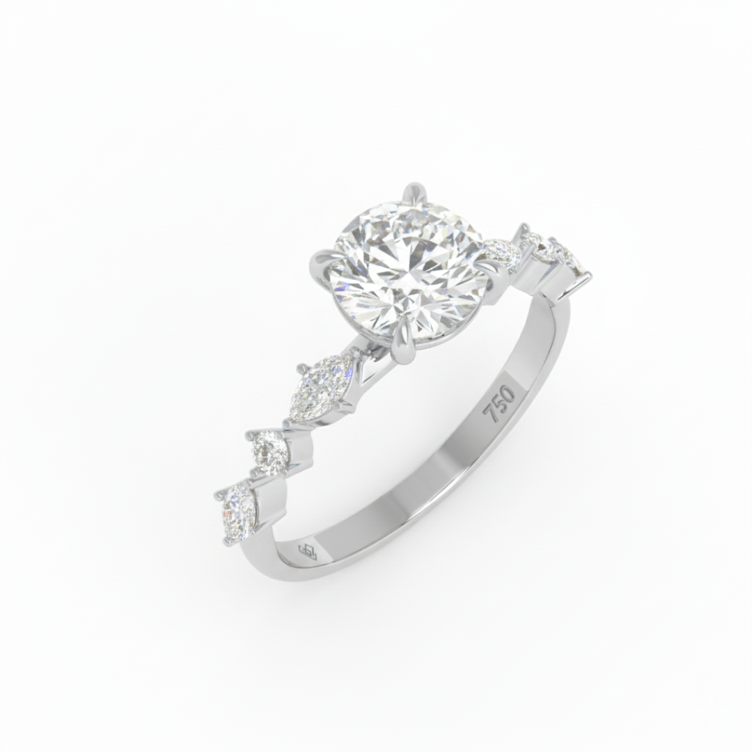 Elizabeth Round Brilliant Cut Diamond Engagement Ring With A Marquise And Round Cut Diamond Band