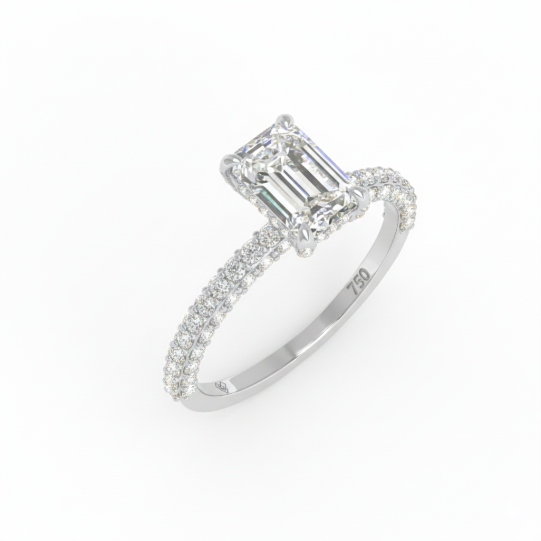 Mia Emerald Cut Diamond Engagement Ring with Diamond Hidden Halo and 3D Diamond Band