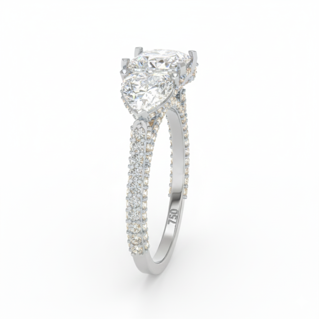 Victoria Princess Cut Diamond Engagement Ring with Heart Cut Side Diamonds and 3D Diamond Band