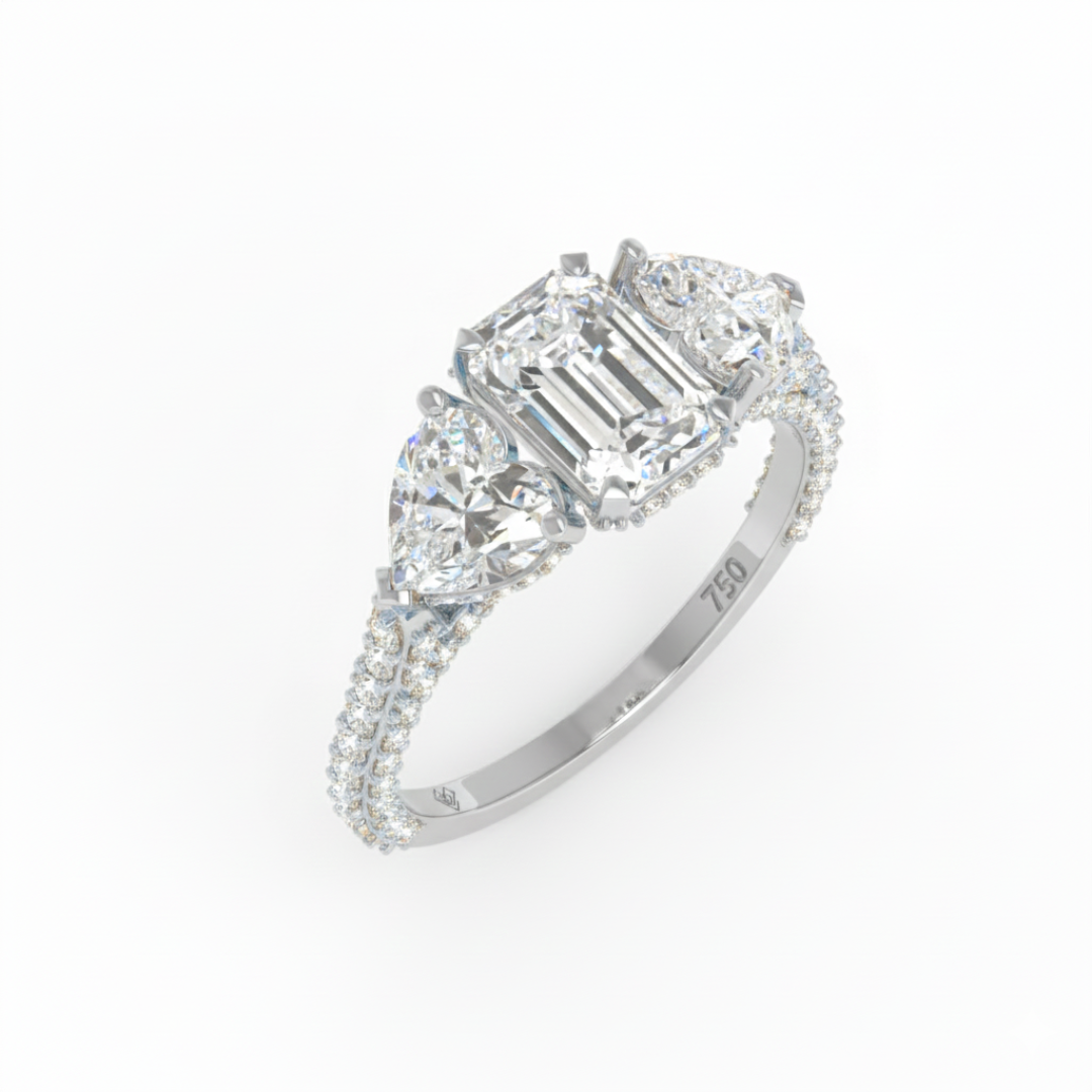 Victoria Emerald Cut Diamond Engagement Ring with Heart Cut Side Diamonds and 3D Diamond Band
