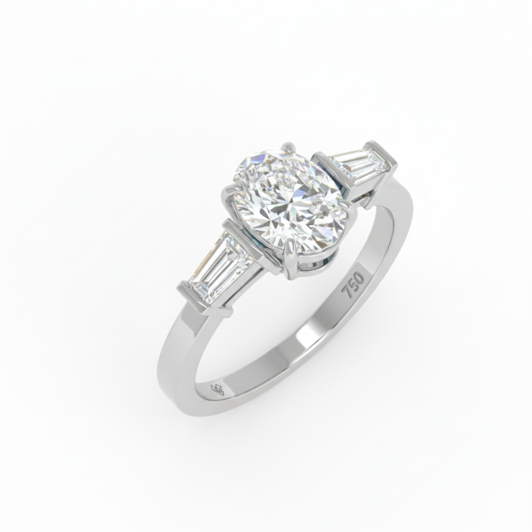 Mary Oval Cut Diamond Engagement Ring With Tapering Baguettes Cut Side Diamond