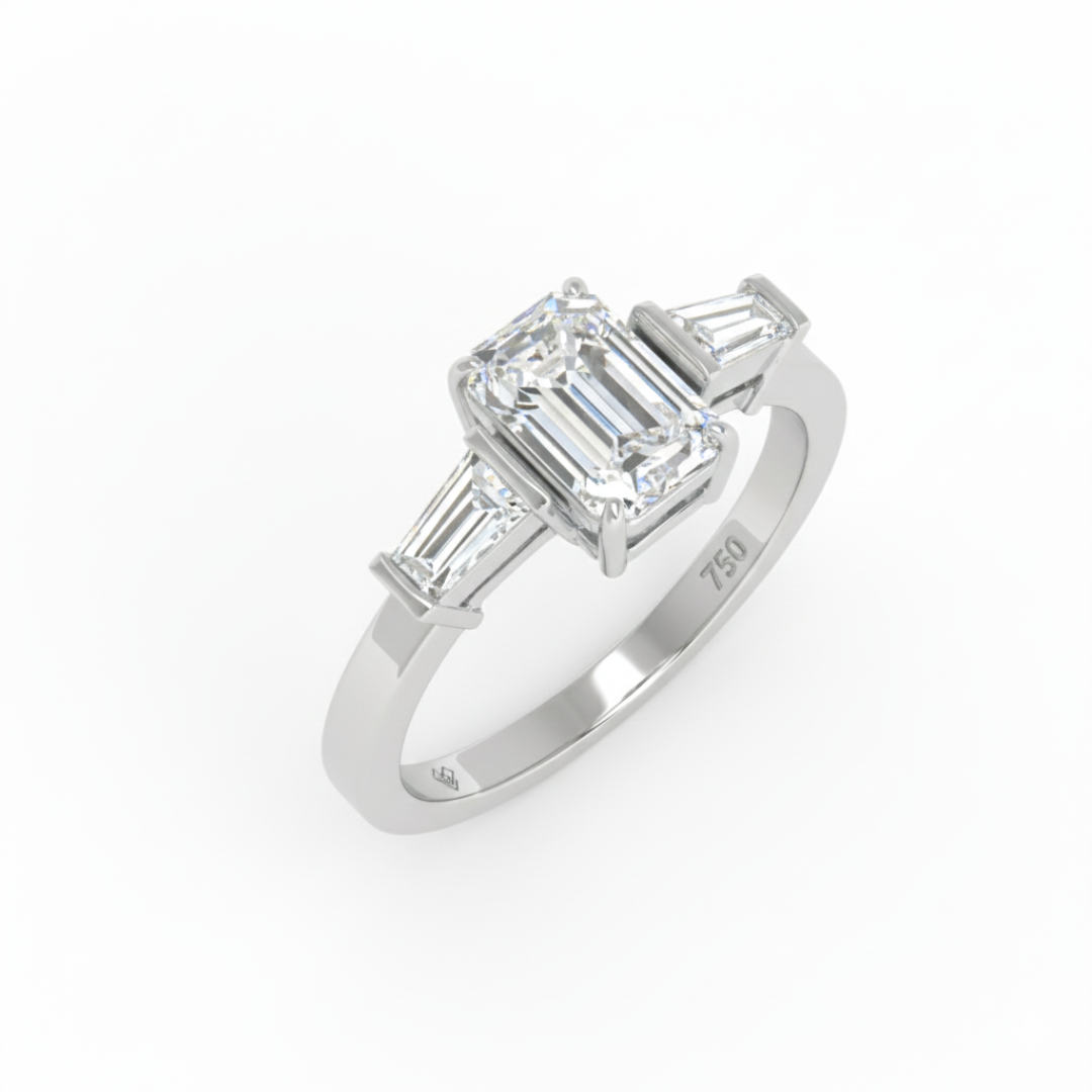 Mary Emerald Cut Diamond Engagement Ring with Tapering Baguette Cut Side Diamonds