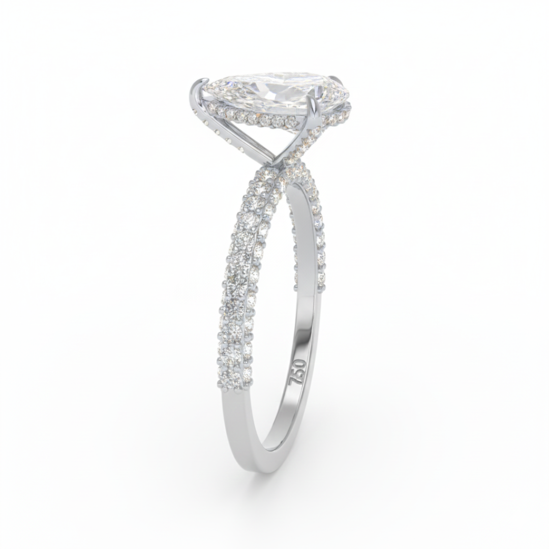 Bague de fiançailles Mia en diamant taille poire avec halo de diamants cachés et anneau en diamant 3D