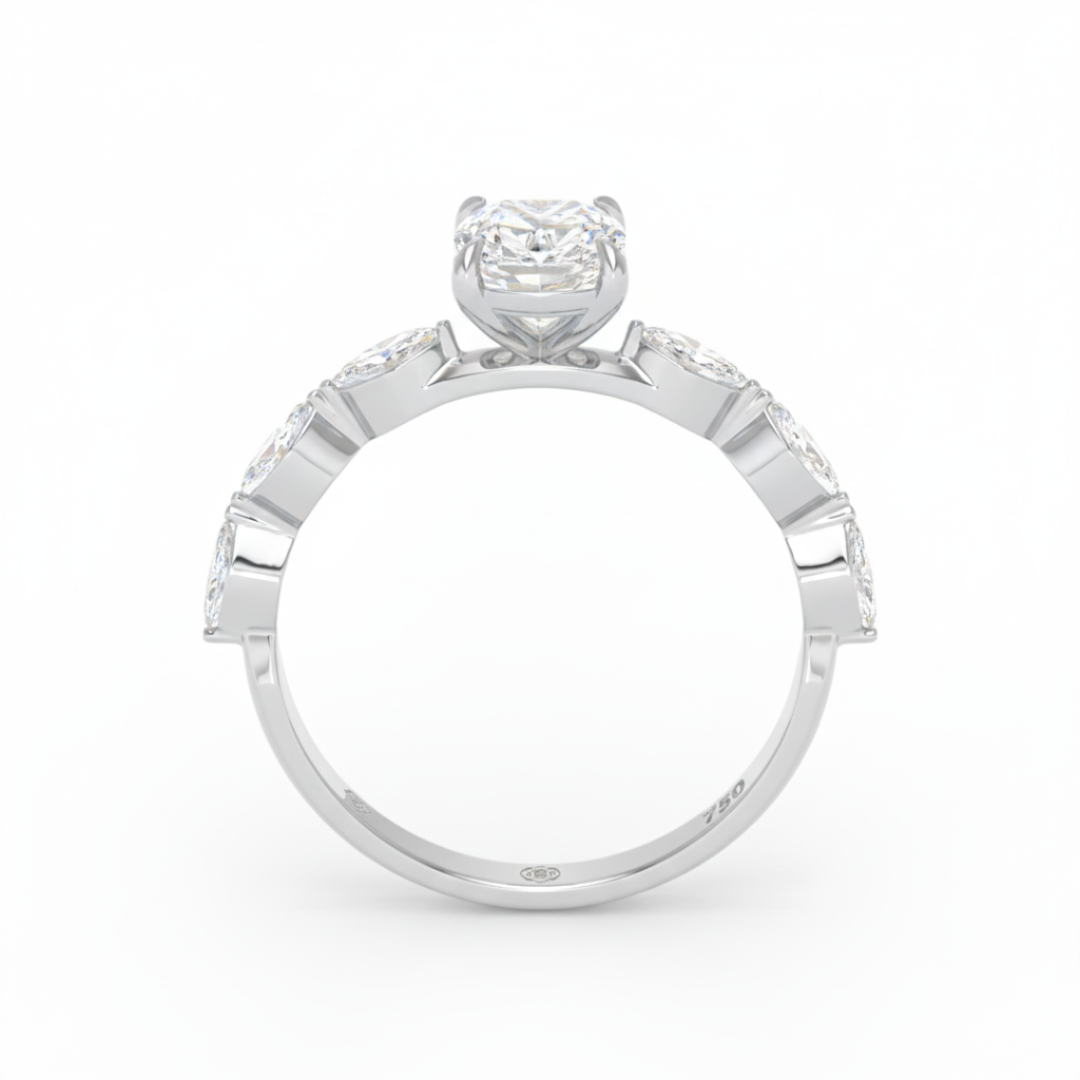 Kasandra Cushion Cut Diamond Engagement Ring With A Marquise Cut Diamond Band
