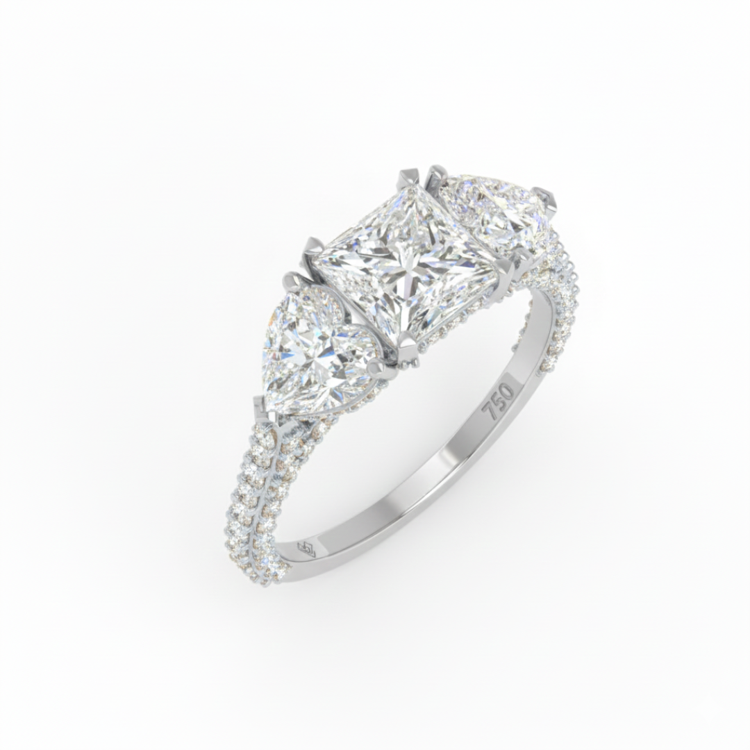 Victoria Princess Cut Diamond Engagement Ring with Heart Cut Side Diamonds and 3D Diamond Band