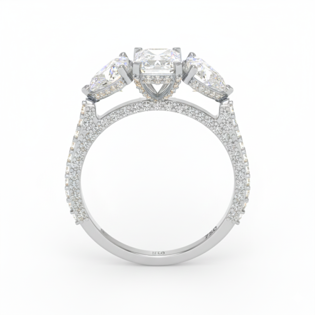 Victoria Emerald Cut Diamond Engagement Ring with Heart Cut Side Diamonds and 3D Diamond Band