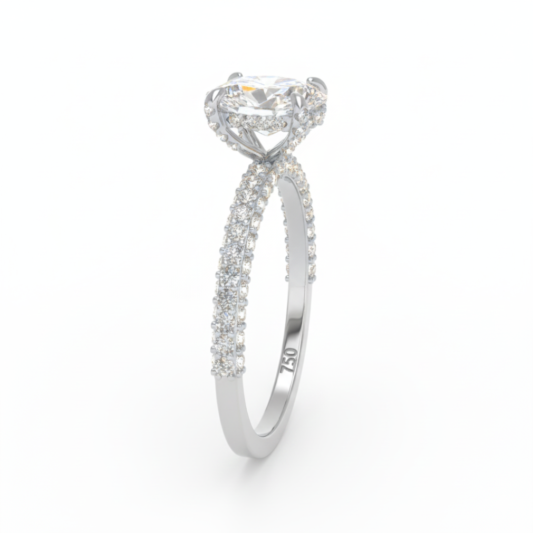 Mia Oval Cut Diamond Engagement Ring With Diamond Hidden Halo And 3D Diamond Band