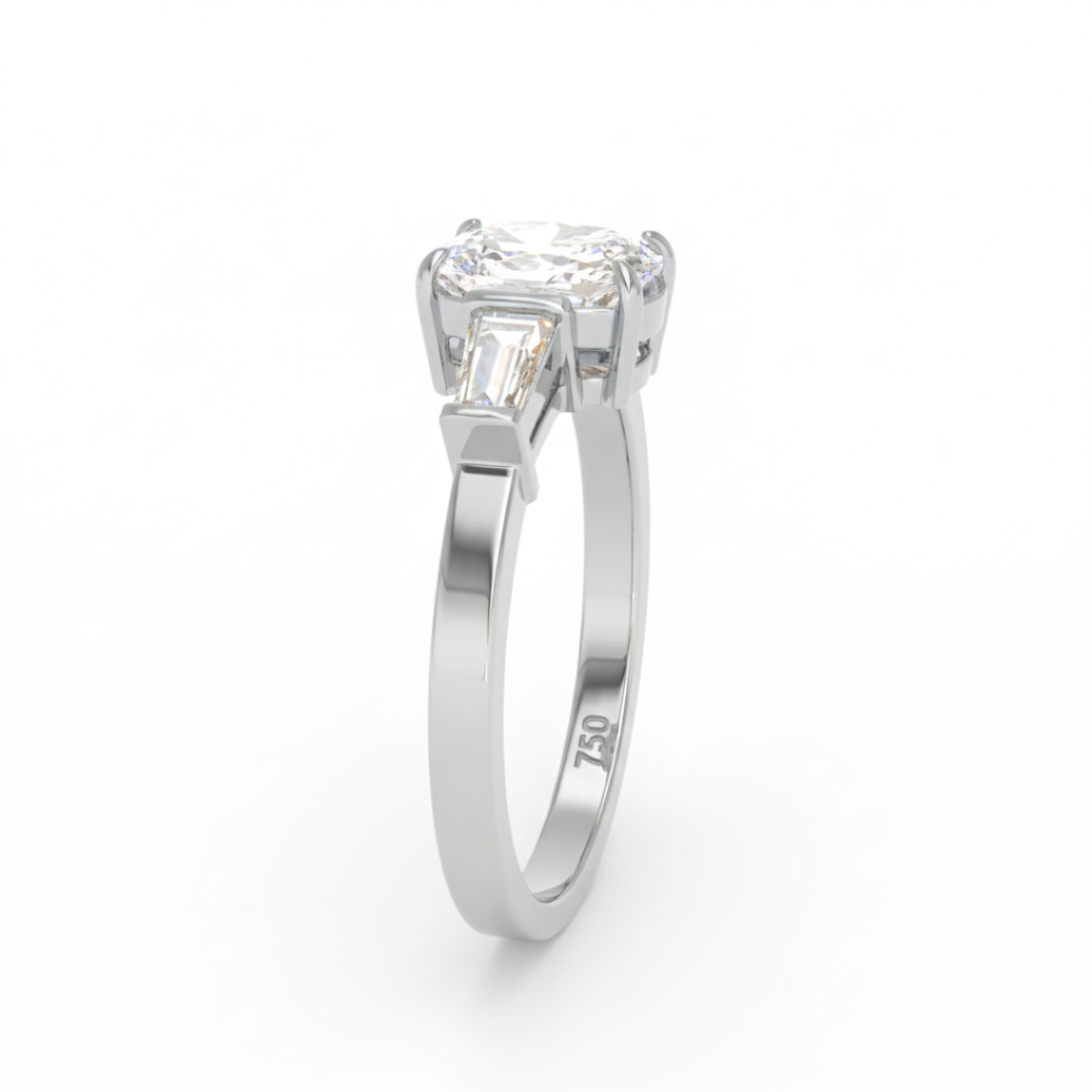 Mary Cushion Cut Diamond Engagement Ring with Tapering Baguette Cut Side Diamonds