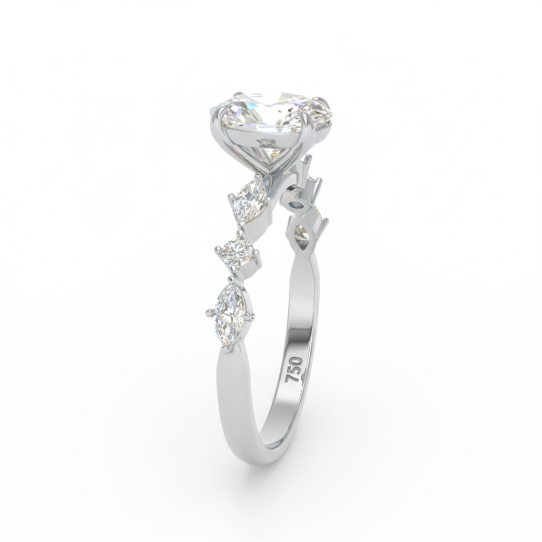 Elizabeth Oval Cut Diamond Engagement Ring With A Marquise And Round Cut Diamond Band.