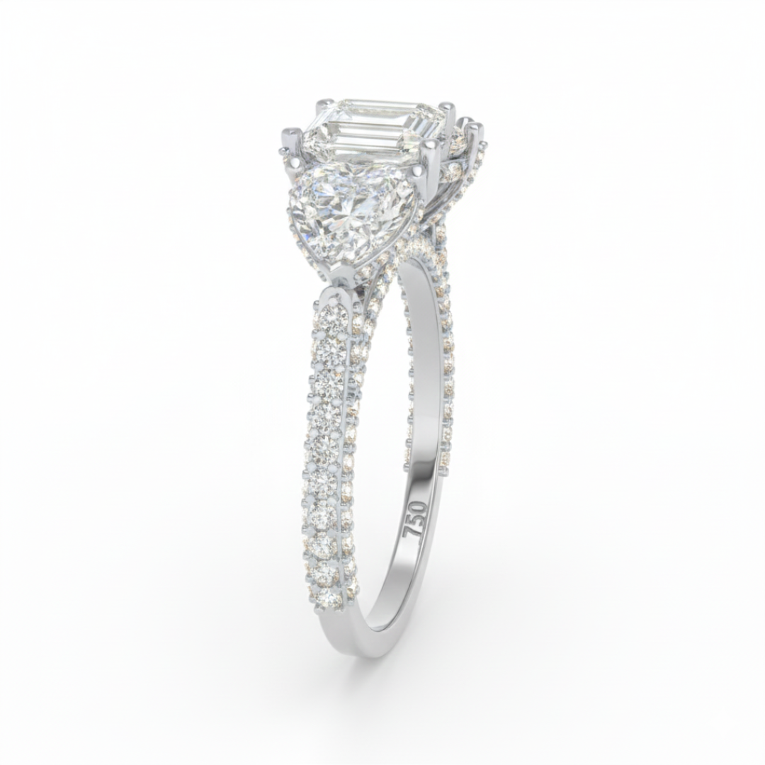 維多利亞心形切割鑽石訂婚戒指，搭配心形切割側鑽和3D鑽石戒圈