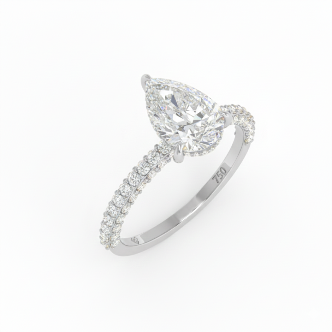 Bague de fiançailles Mia en diamant taille poire avec halo de diamants cachés et anneau en diamant 3D