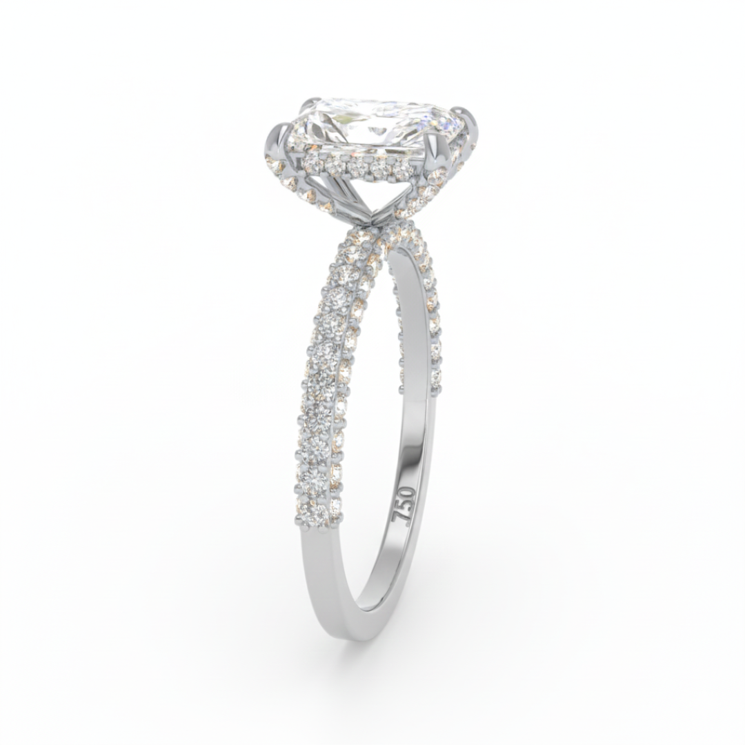 Bague de fiançailles Mia en diamant taille radiant avec halo de diamants cachés et anneau en diamant 3D