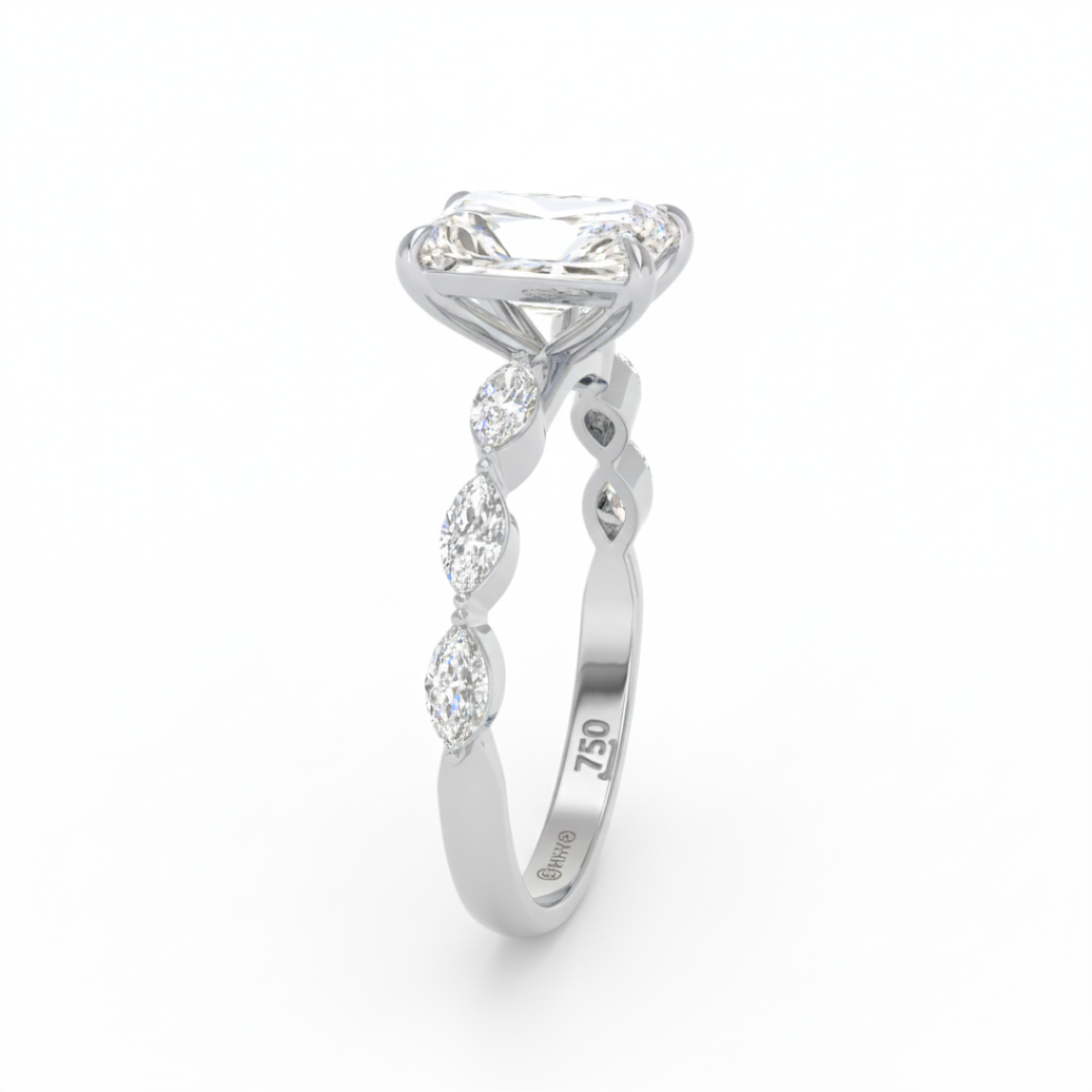 Kasandra Radiant Cut Diamond Engagement Ring With A Marquise Cut Diamond Band