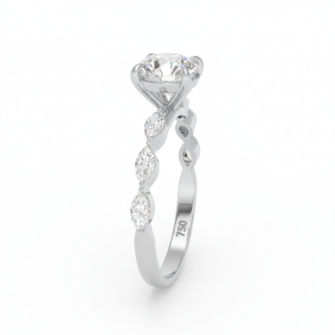 Kasandra Round Brilliant Cut Diamond Engagement Ring With A Marquise Cut Diamond Band