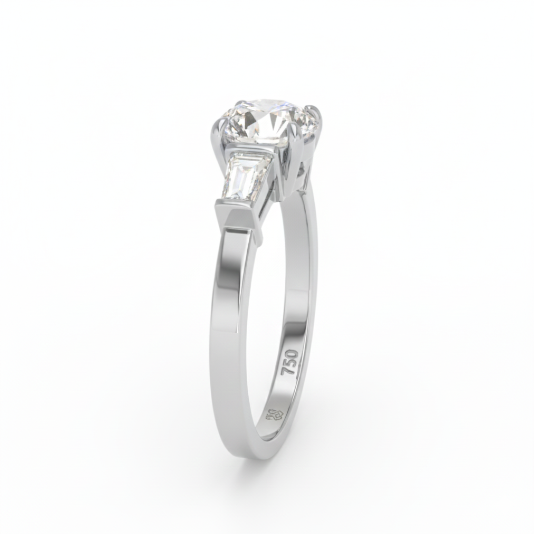 Mary Round Brilliant Cut Diamond Engagement Ring With Tapering Baguette Cut Side Diamond