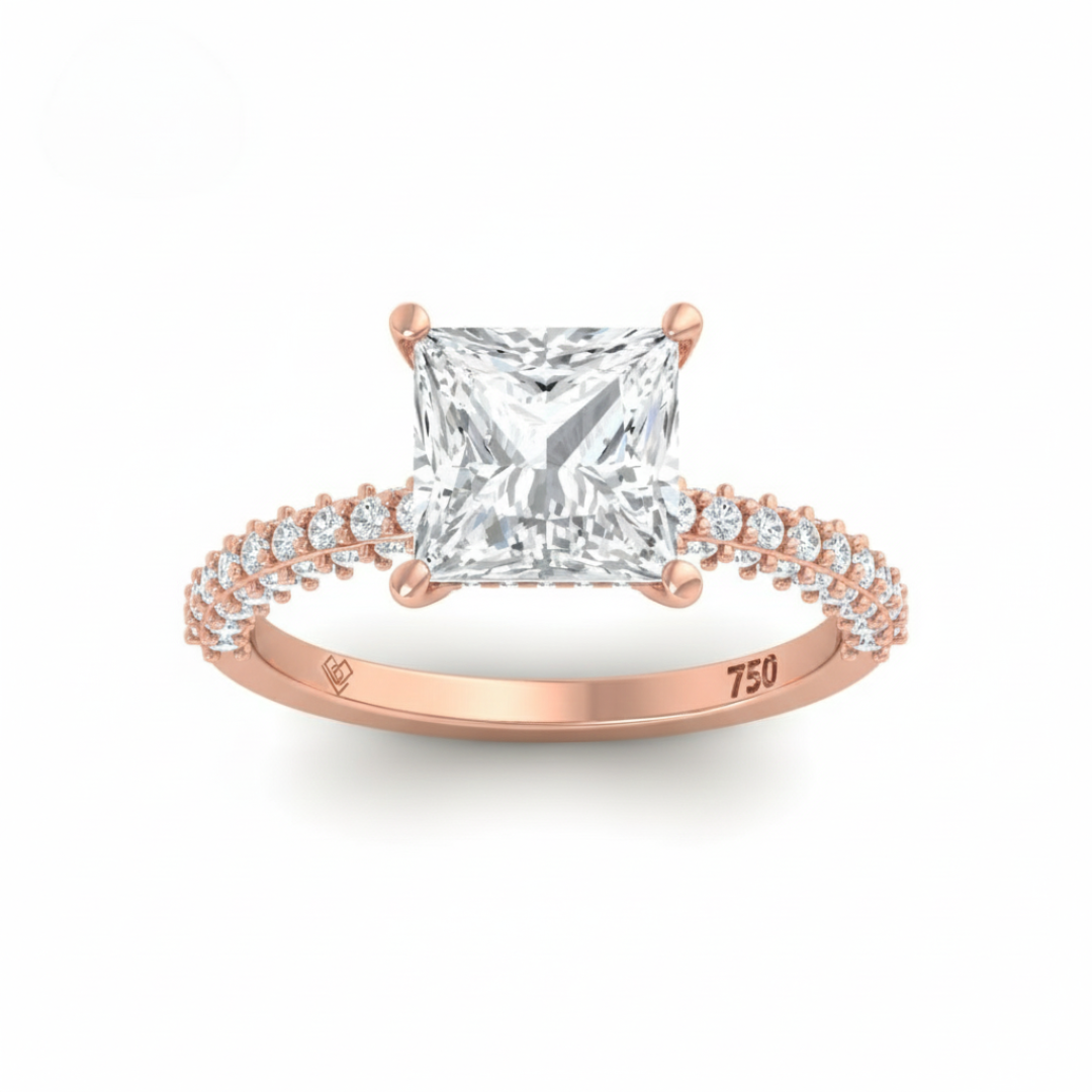 Bague de fiançailles Mia en diamant taille princesse avec halo de diamants cachés et anneau en diamant 3D