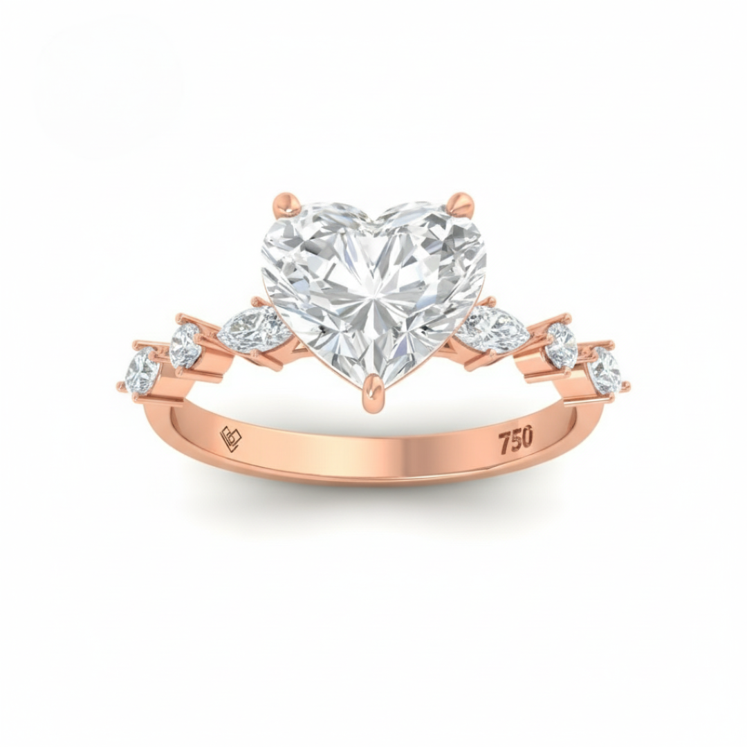 Bague de fiançailles Elizabeth en diamant taille cœur avec anneau serti de diamants taille marquise et ronde