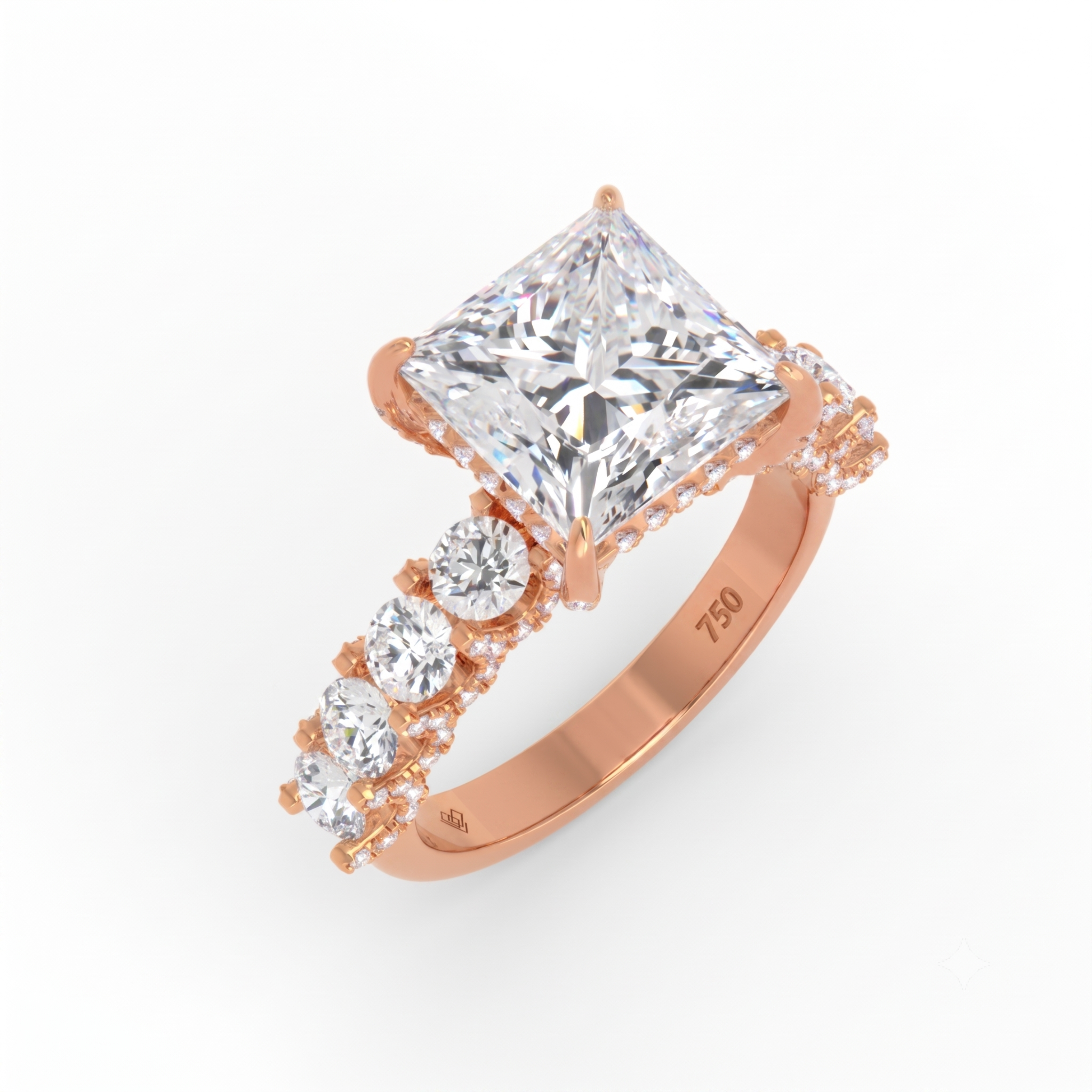 Juliette Princess Lab-Grown Diamond Engagement Ring featuring a Half-Set Diamond Band, Hidden Halo, and Pavé U-Shaped Prong Setting