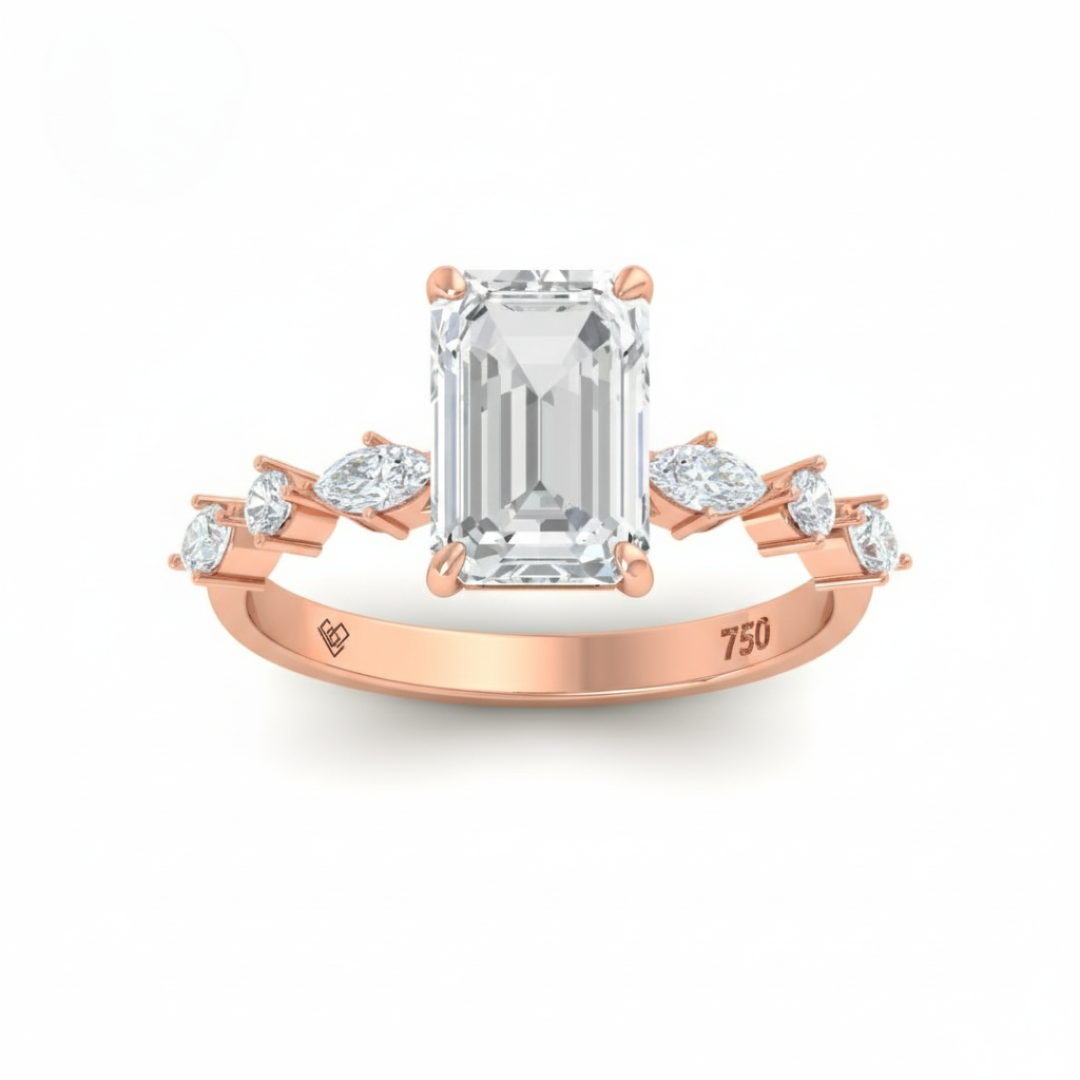 Elizabeth Emerald Cut Diamond Engagement Ring With A Marquise and Round Cut Diamond Band