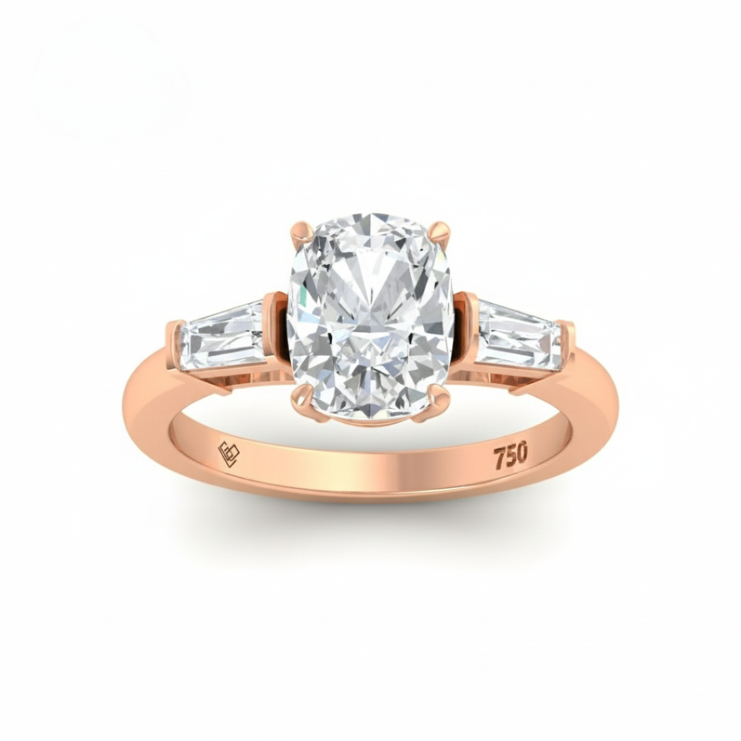 Mary Cushion Cut Diamond Engagement Ring with Tapering Baguette Cut Side Diamonds