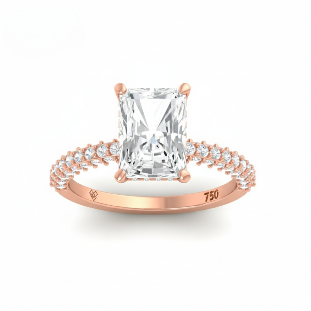 Bague de fiançailles Mia en diamant taille radiant avec halo de diamants cachés et anneau en diamant 3D