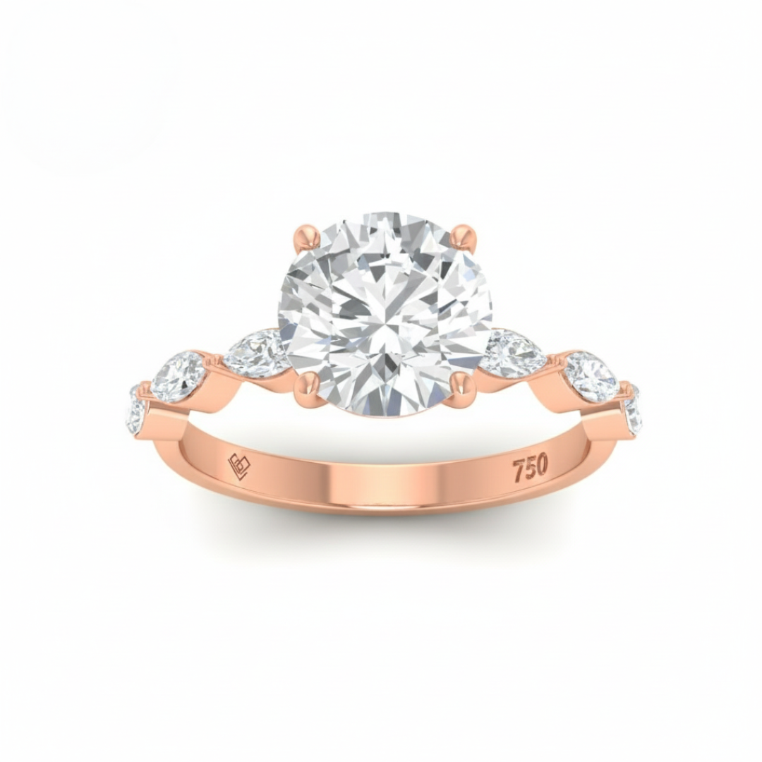Kasandra Round Brilliant Cut Diamond Engagement Ring With A Marquise Cut Diamond Band