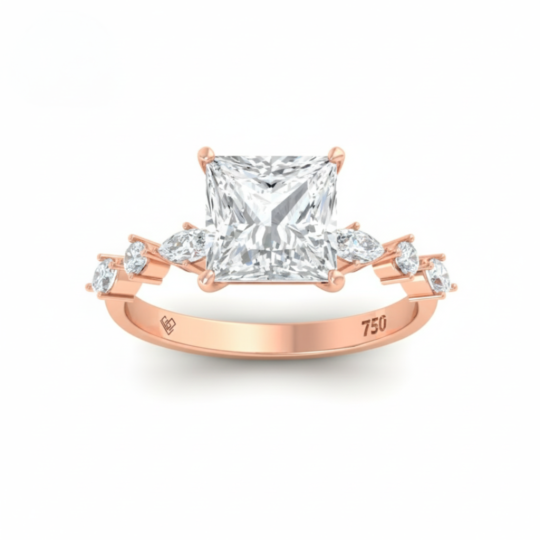 Elizabeth Princess Cut Diamond Engagement Ring With A Marquise and Round Cut Diamond Band