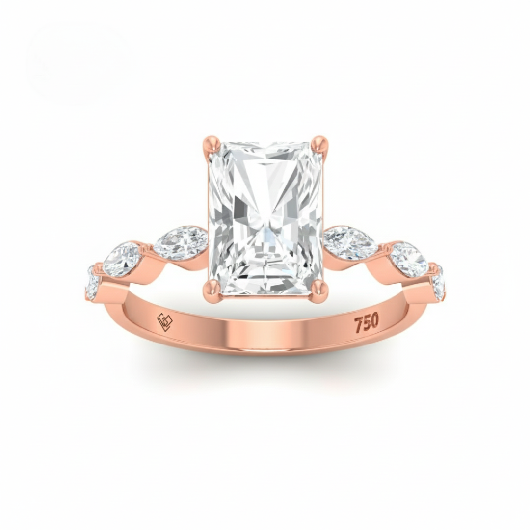 Kasandra Radiant Cut Diamond Engagement Ring With A Marquise Cut Diamond Band