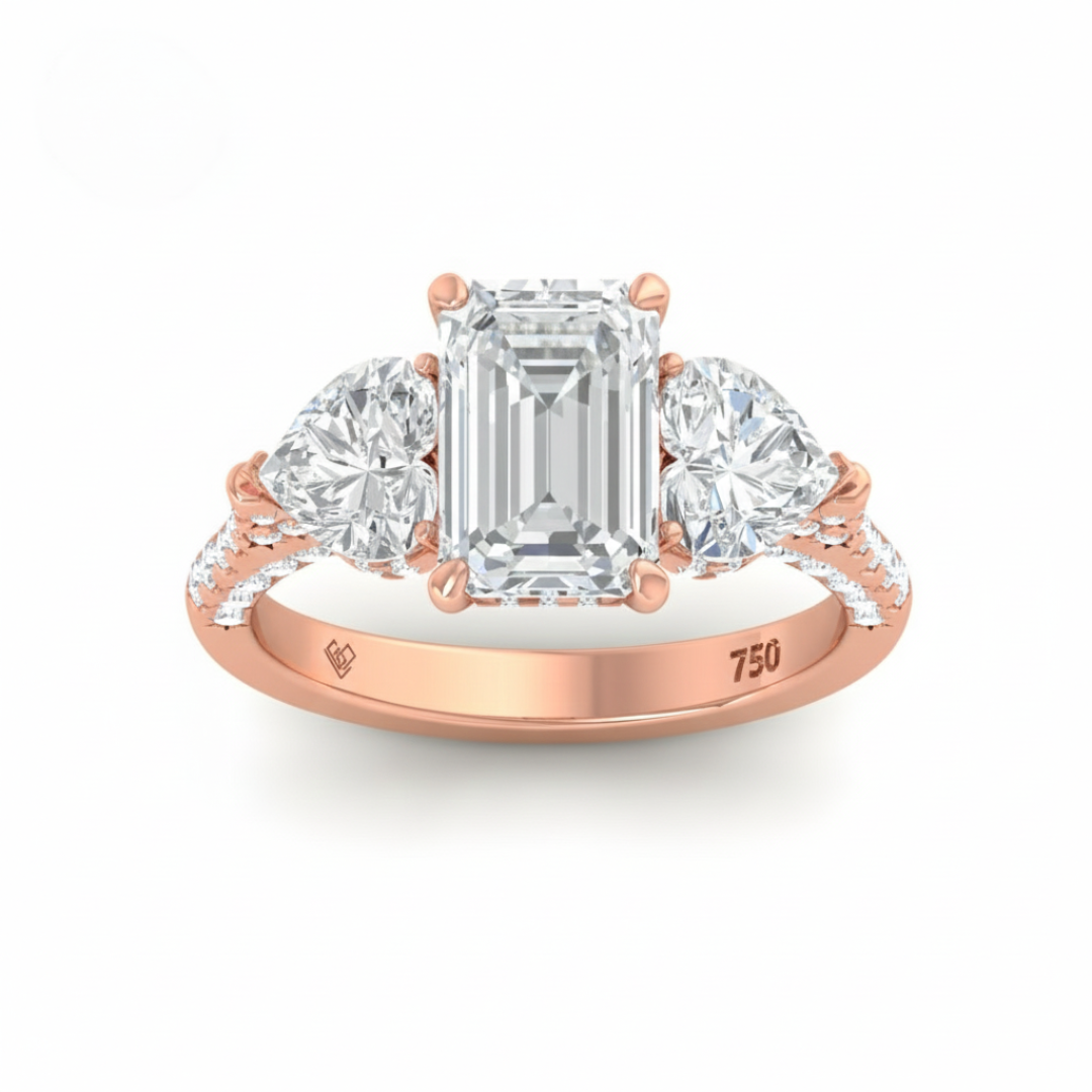 Victoria Emerald Cut Diamond Engagement Ring with Heart Cut Side Diamonds and 3D Diamond Band