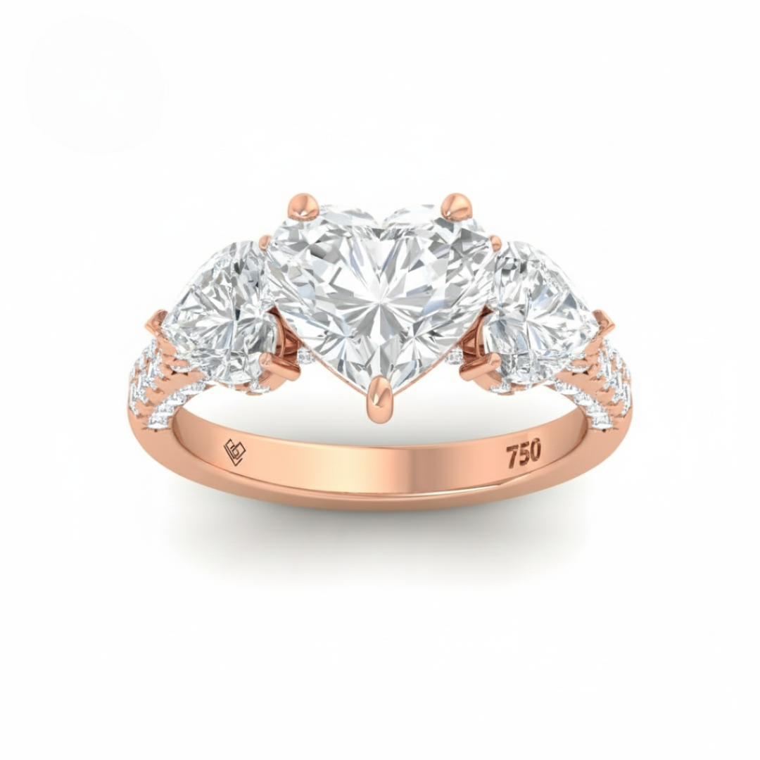 維多利亞心形切割鑽石訂婚戒指，搭配心形切割側鑽和3D鑽石戒圈